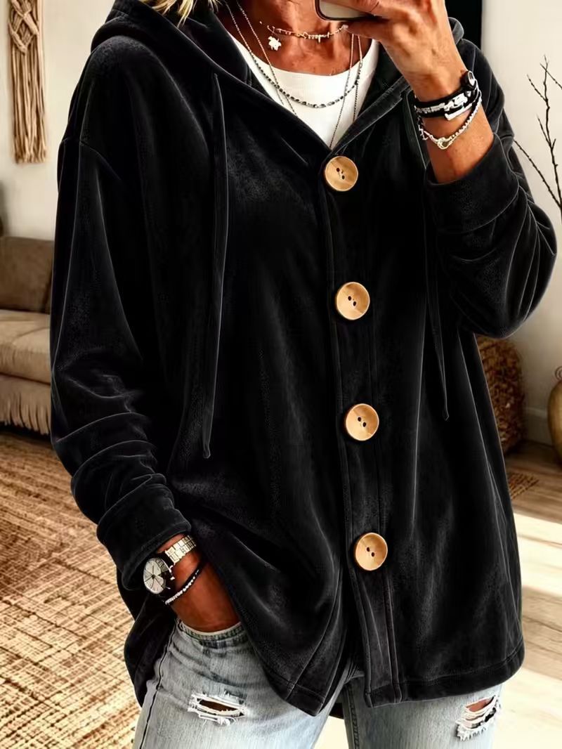 Women's Oversized Velvet Hoodie Cardigan Button Front
