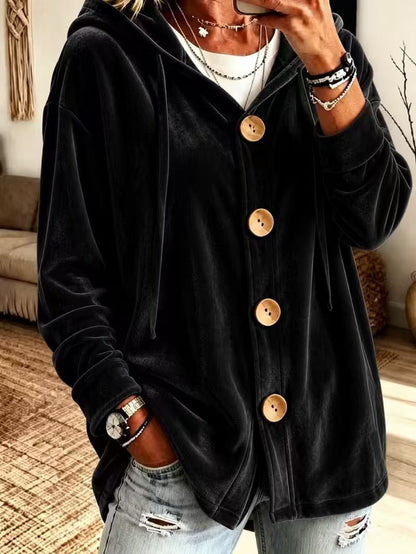 Women's Oversized Velvet Hoodie Cardigan Button Front