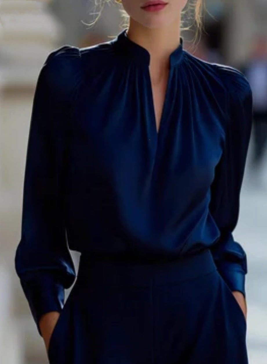 Women Satin Puff Sleeve Blouse Pleated Front Work Top