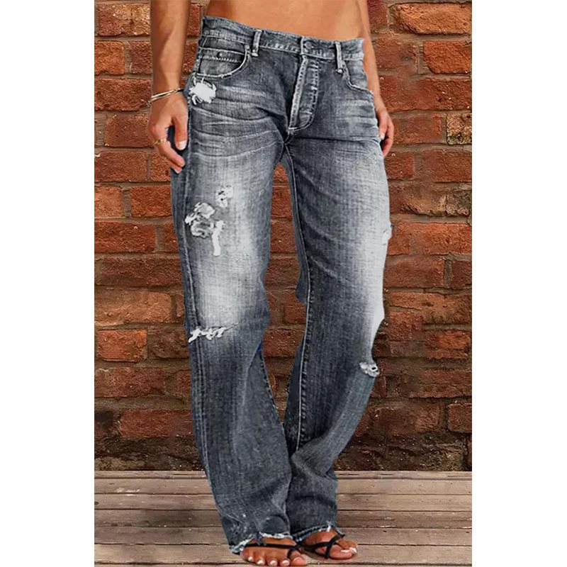 Women's Distressed Flare Jeans Vintage Wash Cotton Denim
