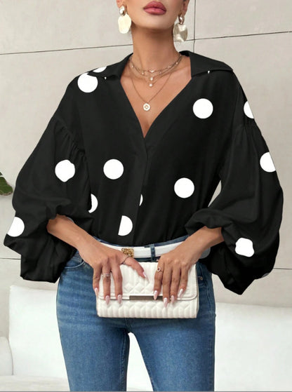 Women's Polka Dot V-Neck Puff Sleeve Loose Blouse