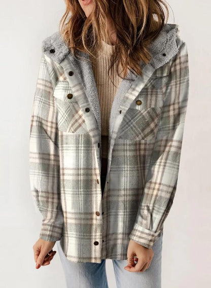 Women's Plaid Hooded Fleece Lined Shacket with Pockets