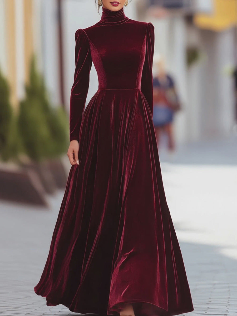 Velvet Turtleneck Long Sleeve Maxi Dress Fit Flare