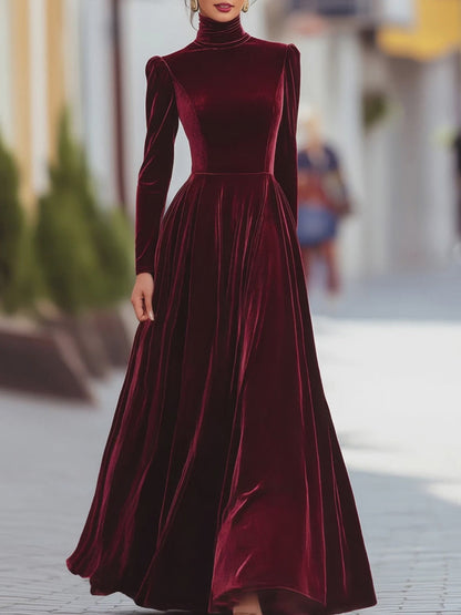Velvet Turtleneck Long Sleeve Maxi Dress Fit Flare