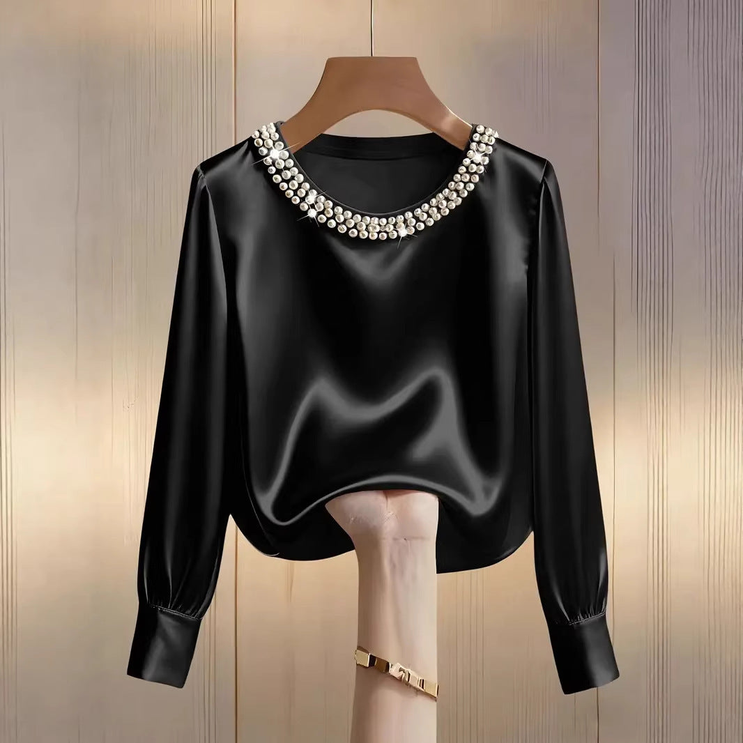 Women's Satin Pearl Neck Long Sleeve Blouse Top