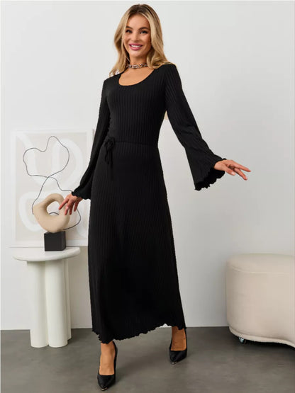 Long Sleeve U Neck Ribbed Knit Tie Back Maxi Dress