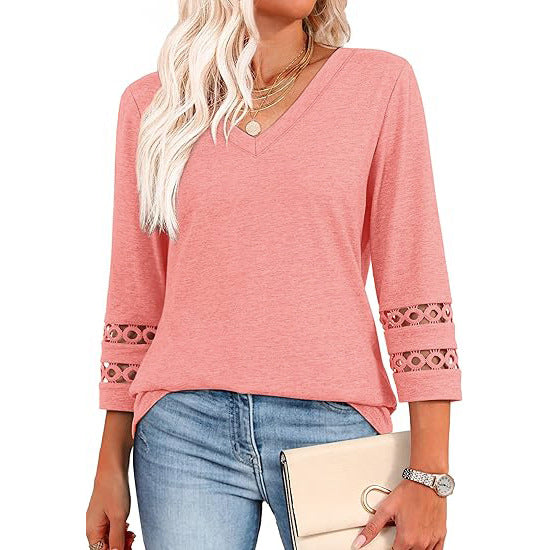 White V-Neck Lace Sleeve Casual Knit Top for Women
