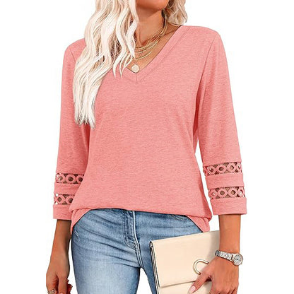 White V-Neck Lace Sleeve Casual Knit Top for Women