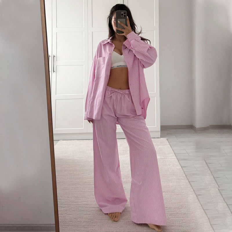 Women's Striped Oversized Shirt and Pants Lounge Set
