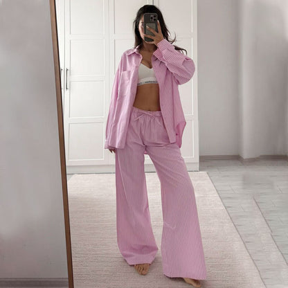 Women's Striped Oversized Shirt and Pants Lounge Set