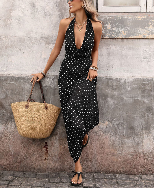Black Polka Dot Halter Deep V Maxi Dress Summer