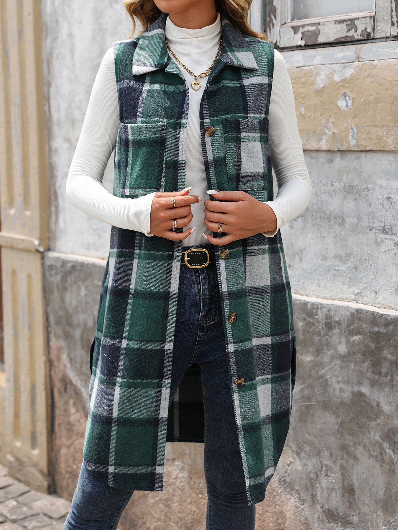 Plaid Longline Vest Lapel Button Front Pockets