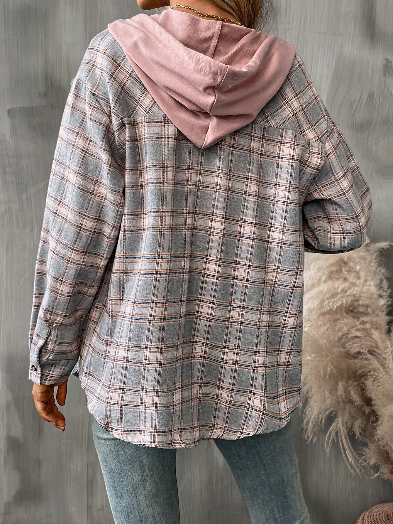 Plaid hooded button down shirt oversized fit