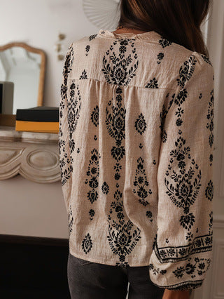 Women's Geometric Print Ruffle V-Neck Long Sleeve Blouse