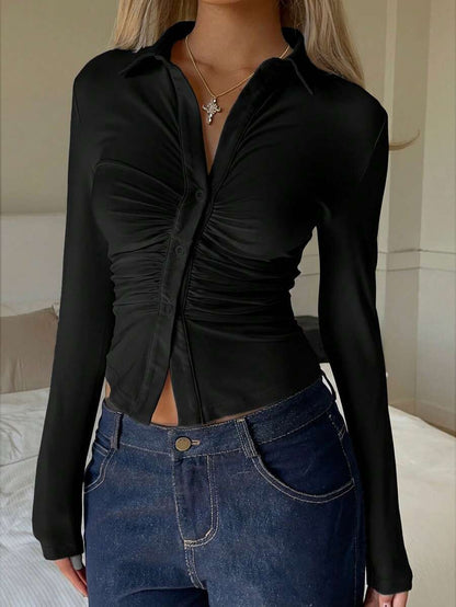 Ruched Button Front Collared Fitted Long Sleeve Blouse