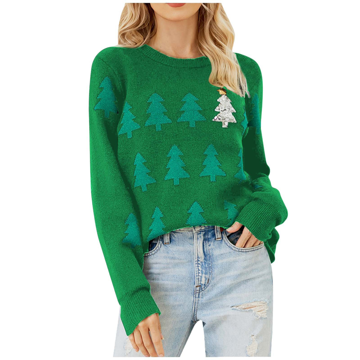 Women's Christmas Tree Jacquard Crewneck Sweater Oversized