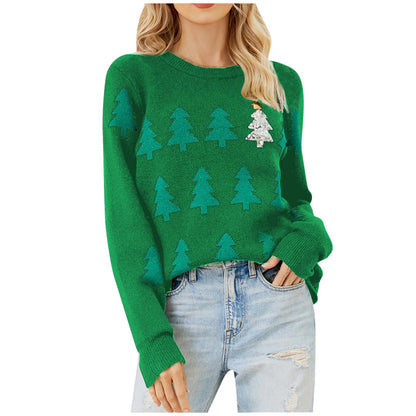 Women's Christmas Tree Jacquard Crewneck Sweater Oversized