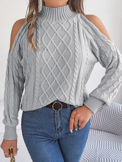 2025 Fall Winter Off-Shoulder Cable Knit Turtleneck Sweater