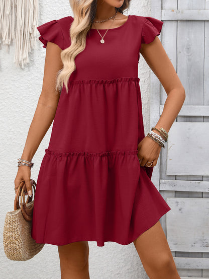 Solid Chiffon Mini Dress Boho Tiered Ruffle Flutter Sleeve