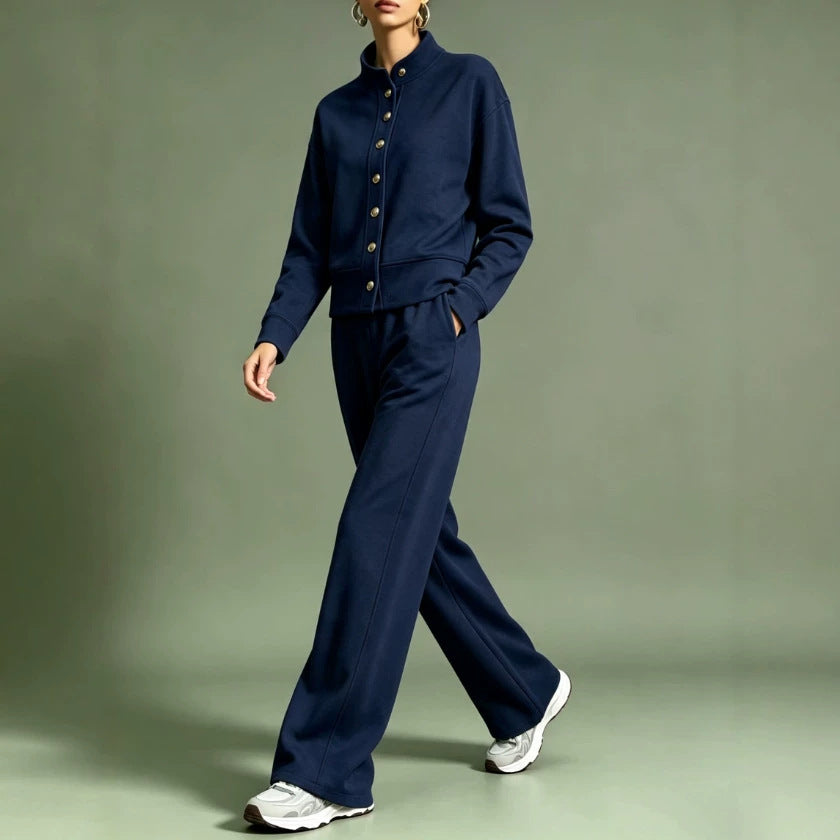 Women's Button Front Sweatshirt Wide Leg Pants Lounge Set