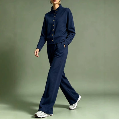 Women's Button Front Sweatshirt Wide Leg Pants Lounge Set