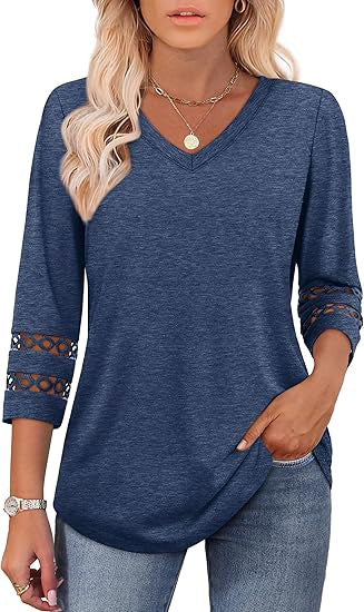 White V-Neck Lace Sleeve Casual Knit Top for Women