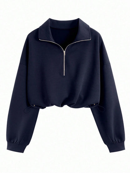 Women's Cropped Quarter Zip Drawstring Waist Sweatshirt