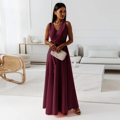 Women's Sleeveless V-Neck Belted A-Line Maxi Dress