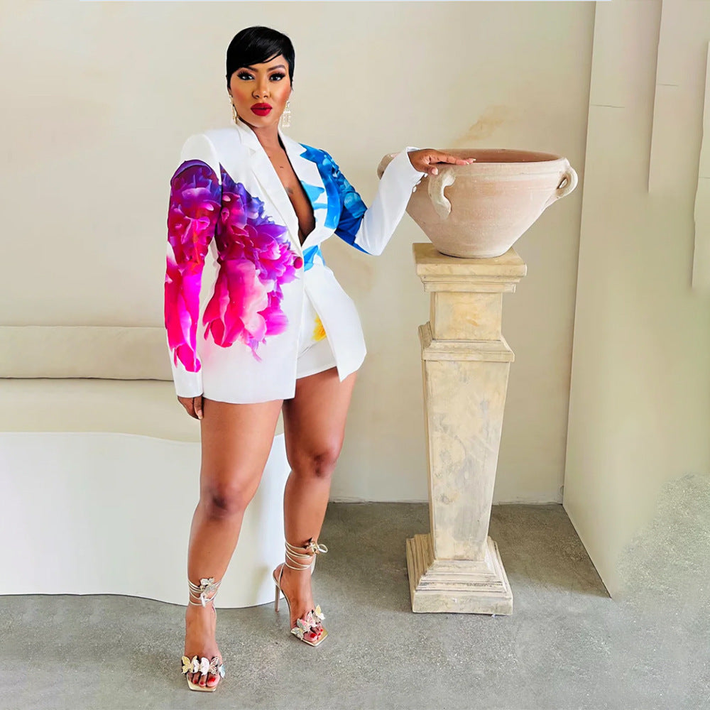 Women Graphic Blazer Shorts Set Sexy Two Piece