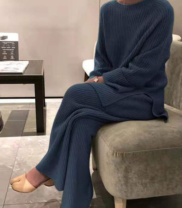 Women's Ribbed Knit Sweater Wide Leg Pants Set