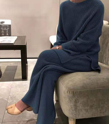 Women's Ribbed Knit Sweater Wide Leg Pants Set