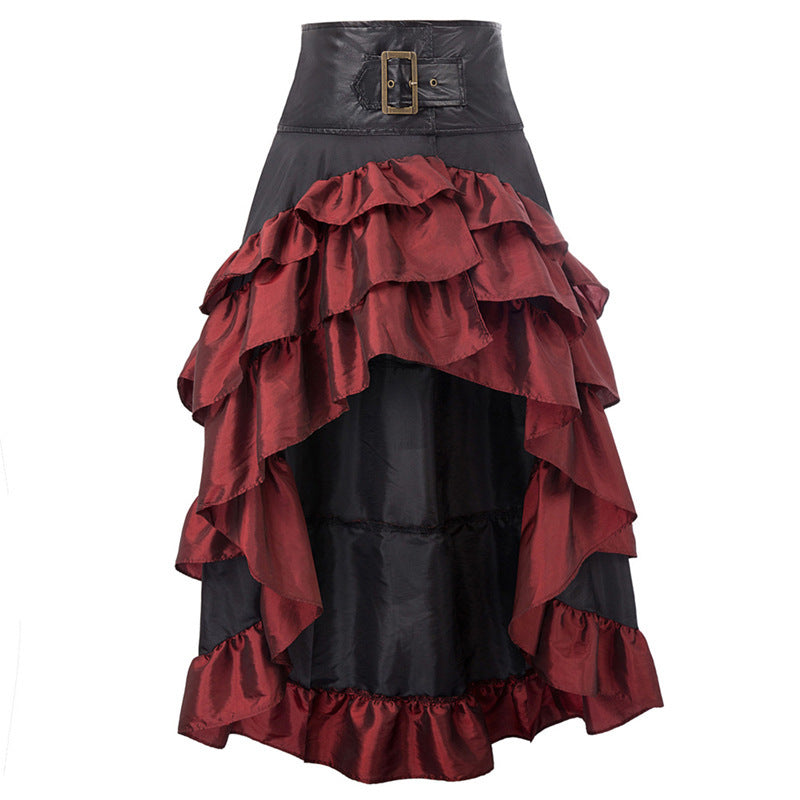 Steampunk Victorian Hi-Lo Ruffle Skirt Faux Leather Buckle