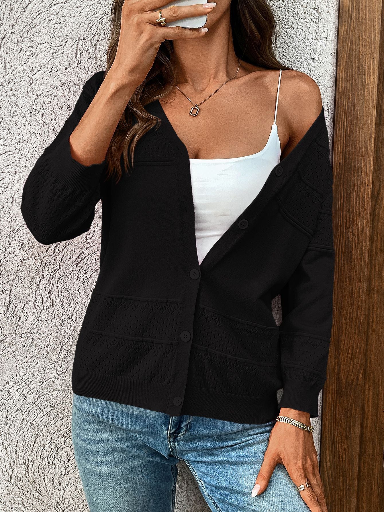 2025 Summer Hollow Knit V-Neck Cardigan with 3/4 Sleeves