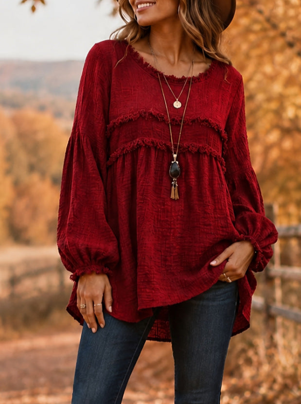 Women's Fringe Tiered Long Sleeve Flowy Textured Top