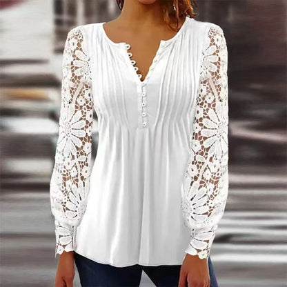 Women's Lace Sleeve Pleated V-Neck Blouse