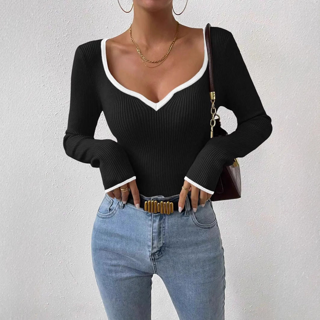 Ribbed V-Neck Fitted Long Sleeve Knit Top