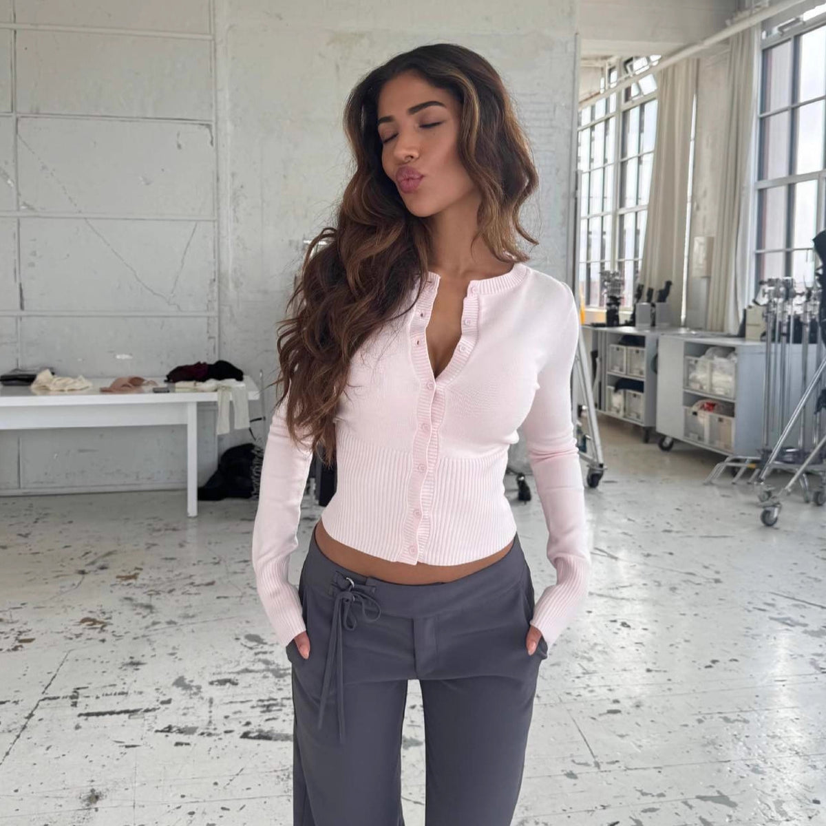 Women's Crop Ribbed Cardigan Button Front Long Sleeve