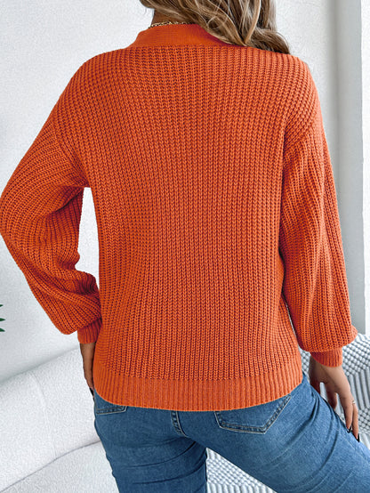 Hollow Out V Neck Cable Knit Lantern Sleeve Sweater