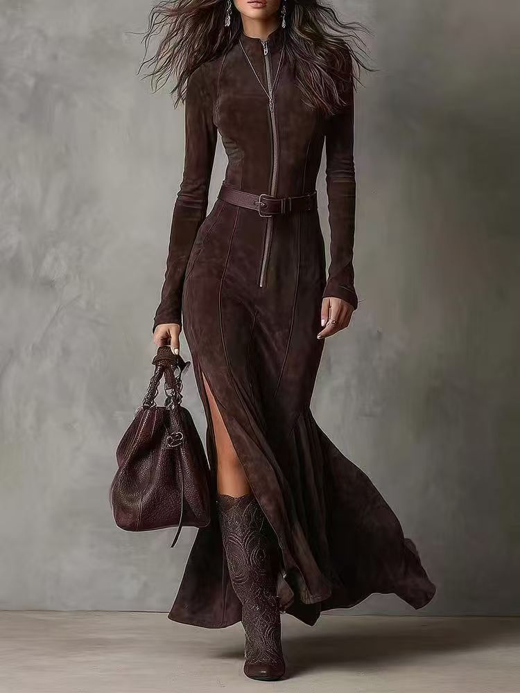Faux Suede Zip Front Maxi Dress Long Sleeve Boho