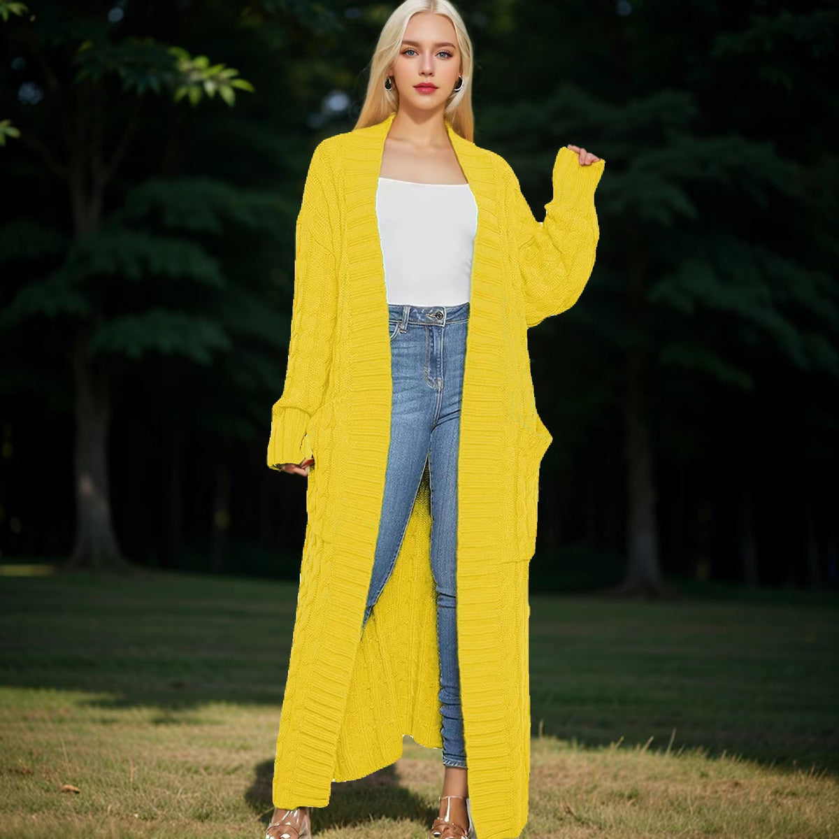 Long Cable Knit Open Front Cardigan with Pockets