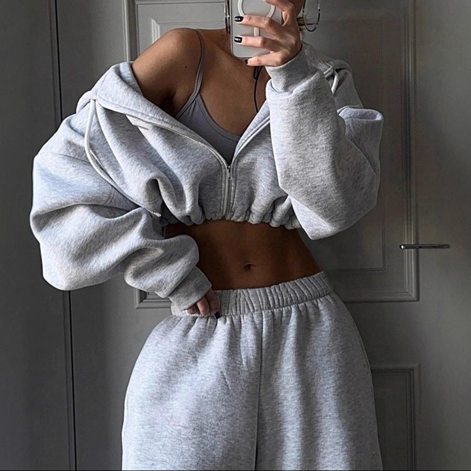 Women's 2 Piece Crop Zip Hoodie Sweatpants Set