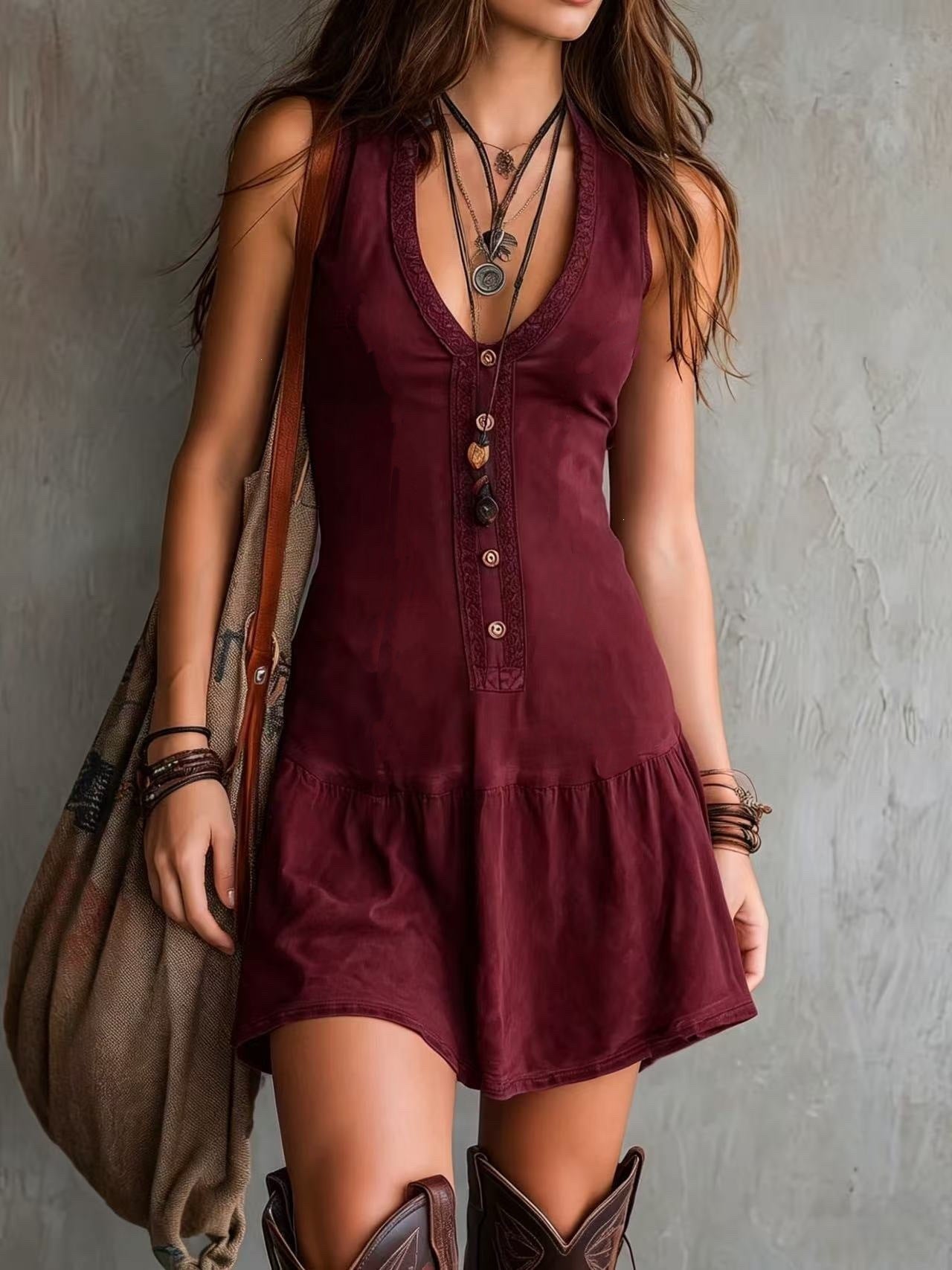 Women's Sleeveless U-Neck Button Front Lace Mini Dress