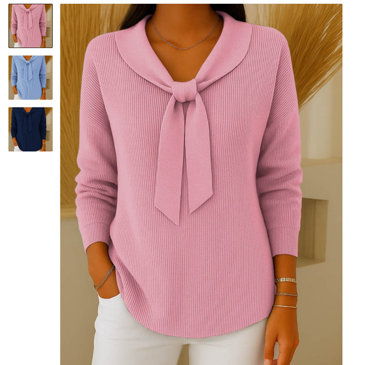Women's Bow Collar Ribbed Knit Sweater Long Sleeve Pullover