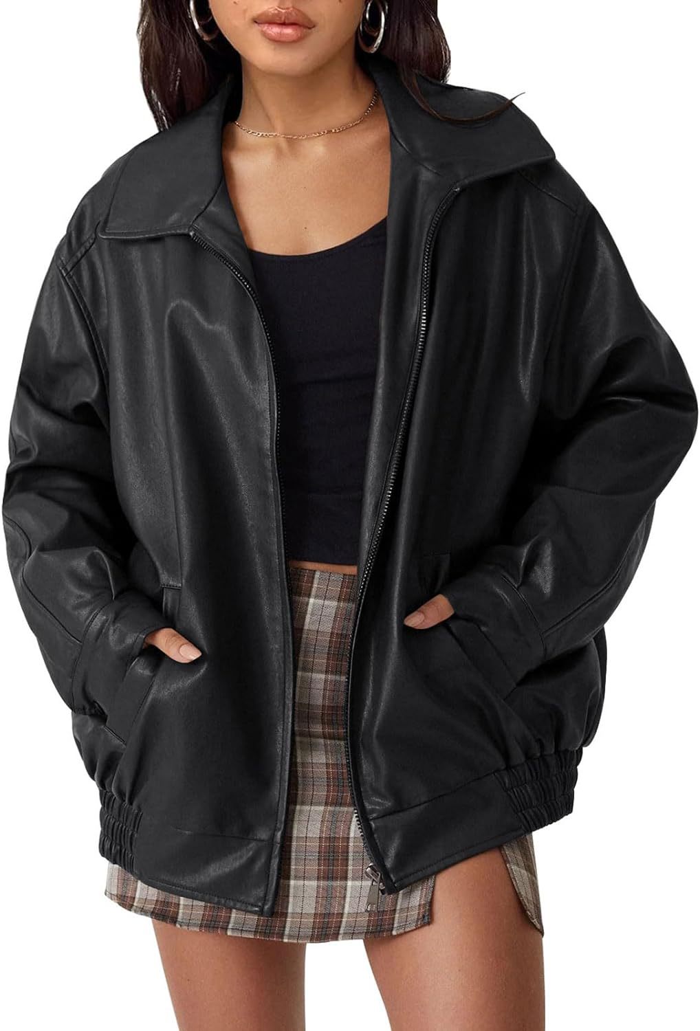 Women's Oversized Faux Leather Moto Jacket Zip Up