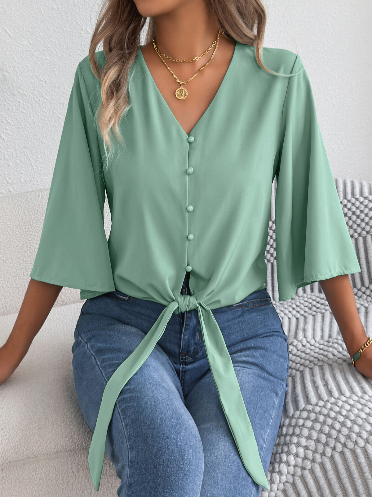 Women's V Neck Button Down Tie Front 3/4 Sleeve Blouse