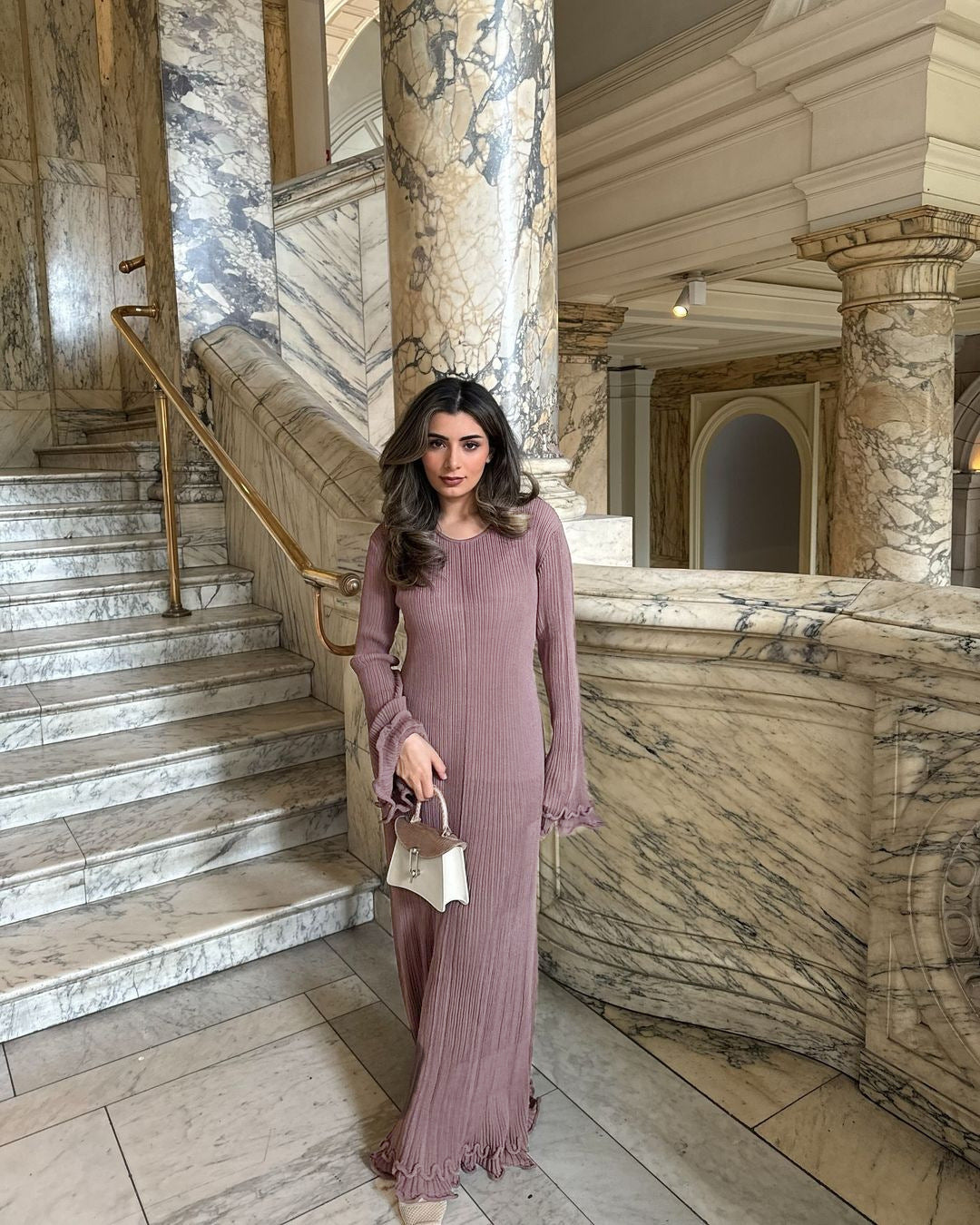 Ribbed Ruffle Maxi Dress Open Back Flare Sleeve