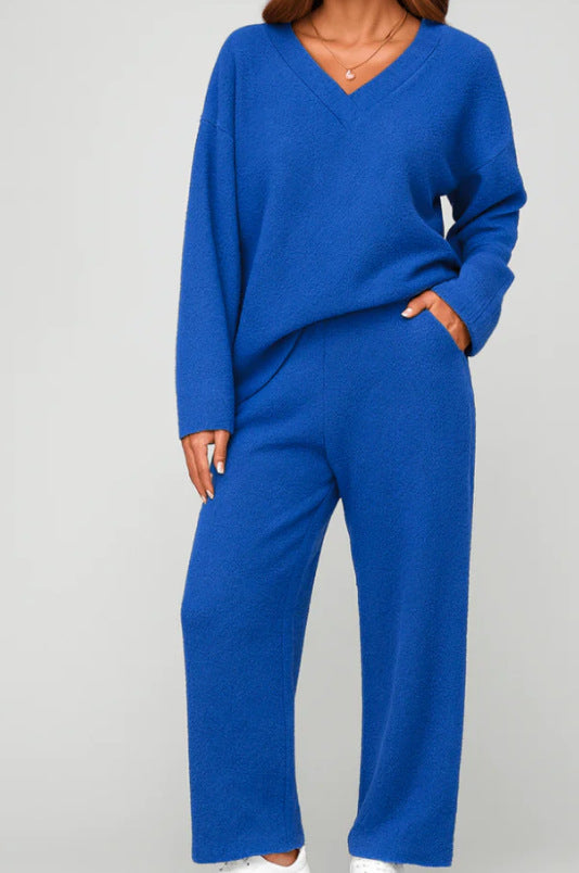 Women's V Neck Knit Two Piece Lounge Set Wide Leg Pants