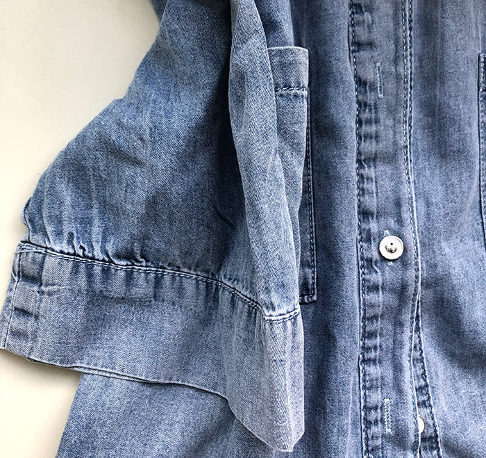 Loose Fit Denim Shirt Women Collared Short Sleeve Top