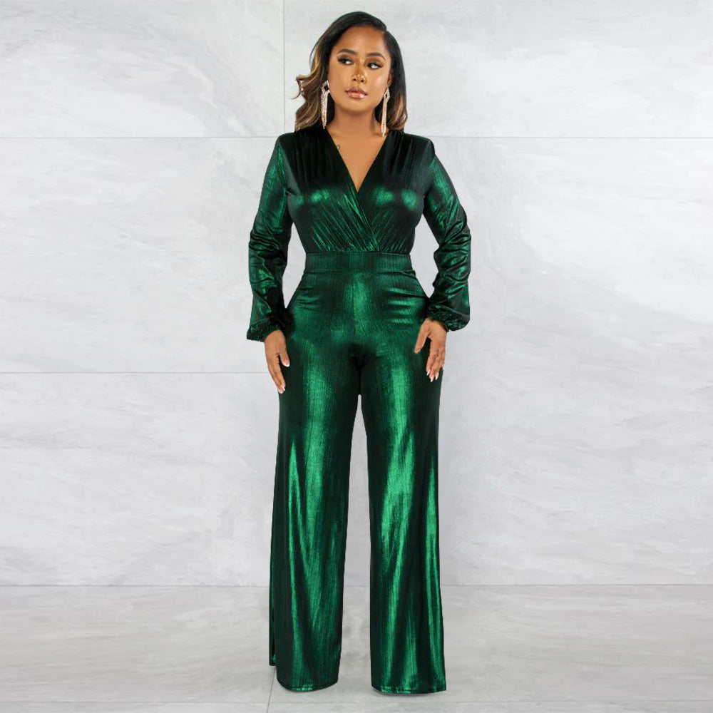 Sexy Metallic V-Neck Long Sleeve Flare Jumpsuit