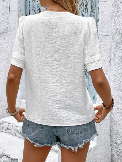 White V Neck Lace Patch Short Sleeve Casual Blouse